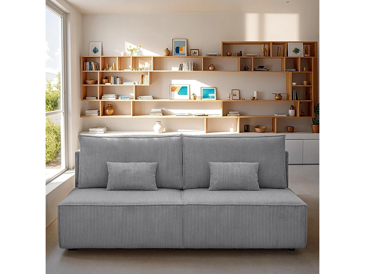 Canapé convertible 3 places avec coffre de rangement en velours côtelé gris clair - Milla