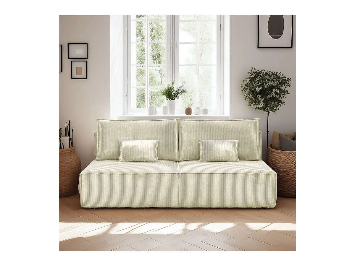 Canapé convertible 3 places avec coffre de rangement en velours côtelé beige - Milla