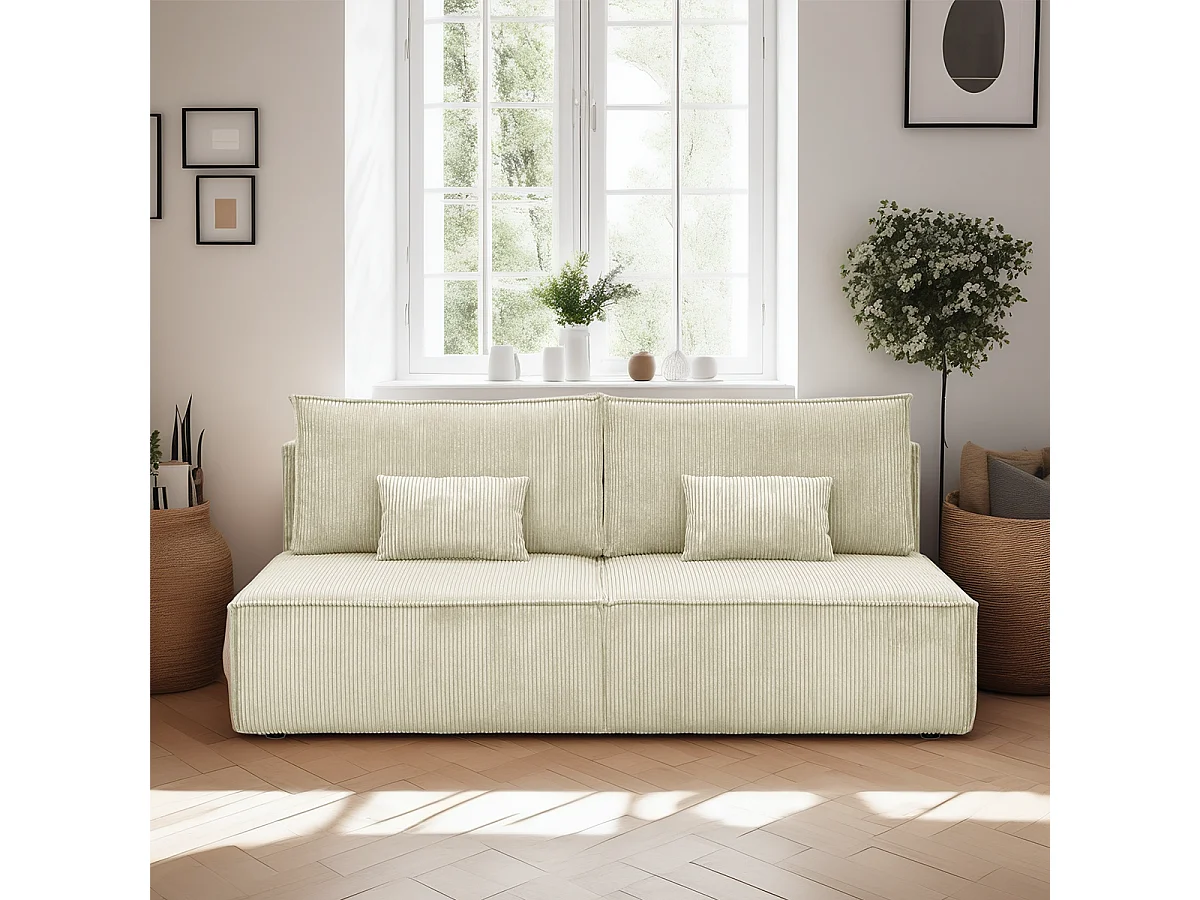 Canapé convertible 3 places avec coffre de rangement en velours côtelé beige - Milla