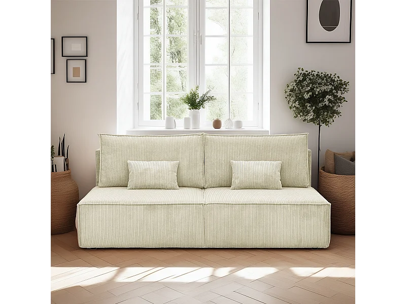 Canapé convertible 3 places avec coffre de rangement en velours côtelé beige - Milla