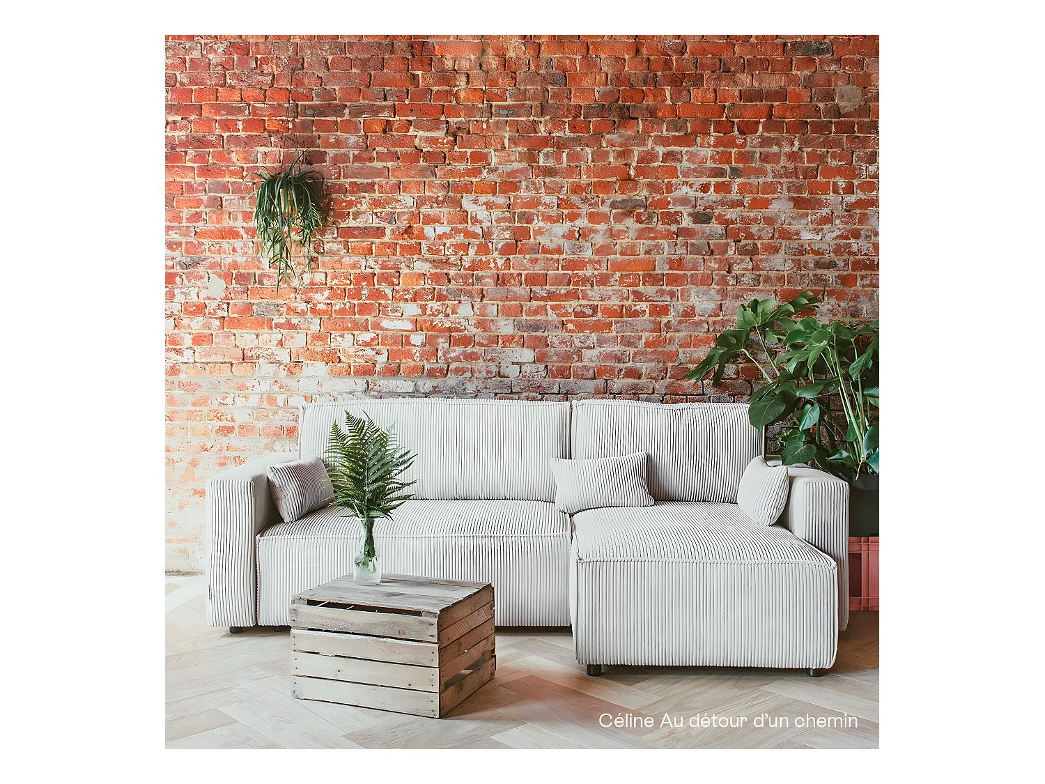 Canapé d'angle convertible réversible 4 places avec coffre de rangement en velours côtelé beige - Livia