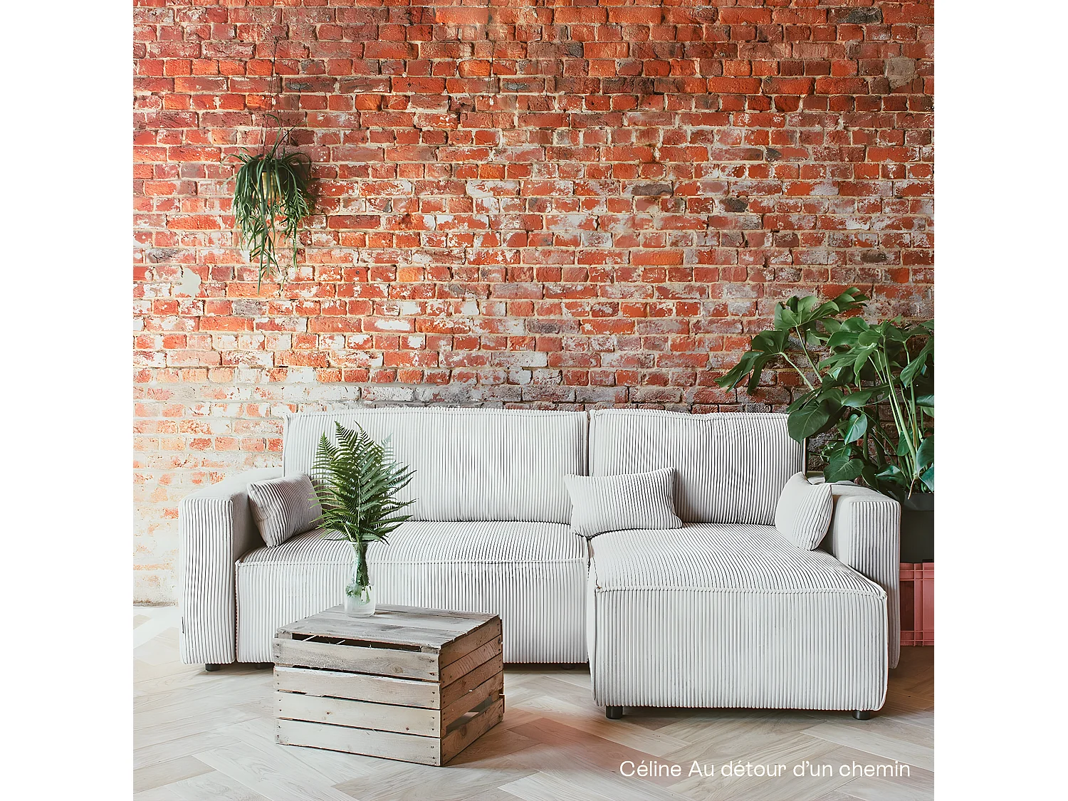 Canapé d'angle convertible réversible 4 places avec coffre de rangement en velours côtelé beige - Livia