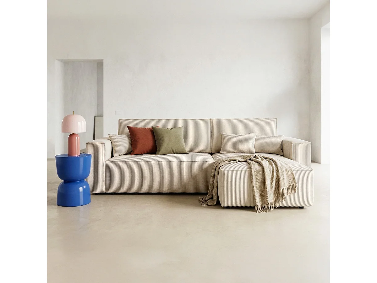 Canapé d'angle convertible réversible 4 places avec coffre de rangement en velours côtelé beige - Livia