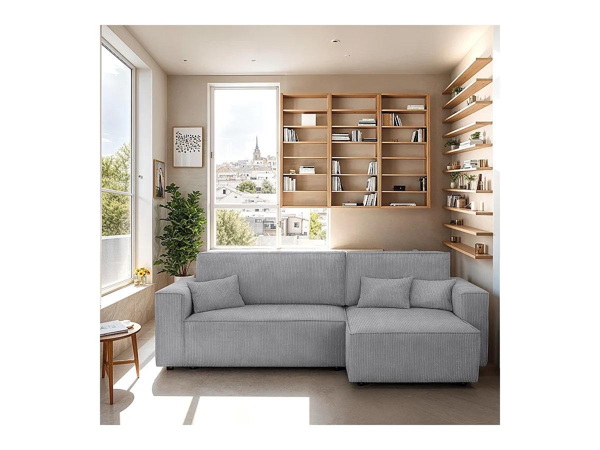 Canapé d'angle convertible réversible 4 places avec coffre de rangement en velours côtelé gris clair - Livia