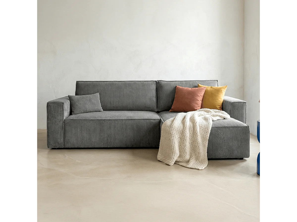 Canapé d'angle convertible réversible 4 places avec coffre de rangement en velours côtelé gris clair - Livia