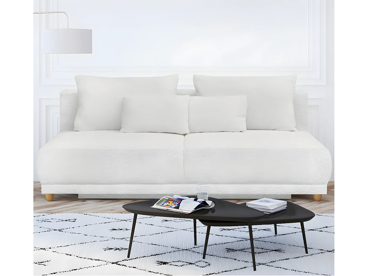 Canapé convertible 3 places avec coffre de rangement en tissu bouclette beige - Elia