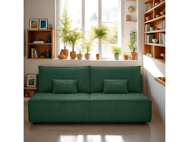 Canapé convertible 3 places avec coffre de rangement en velours côtelé vert foncé - Milla