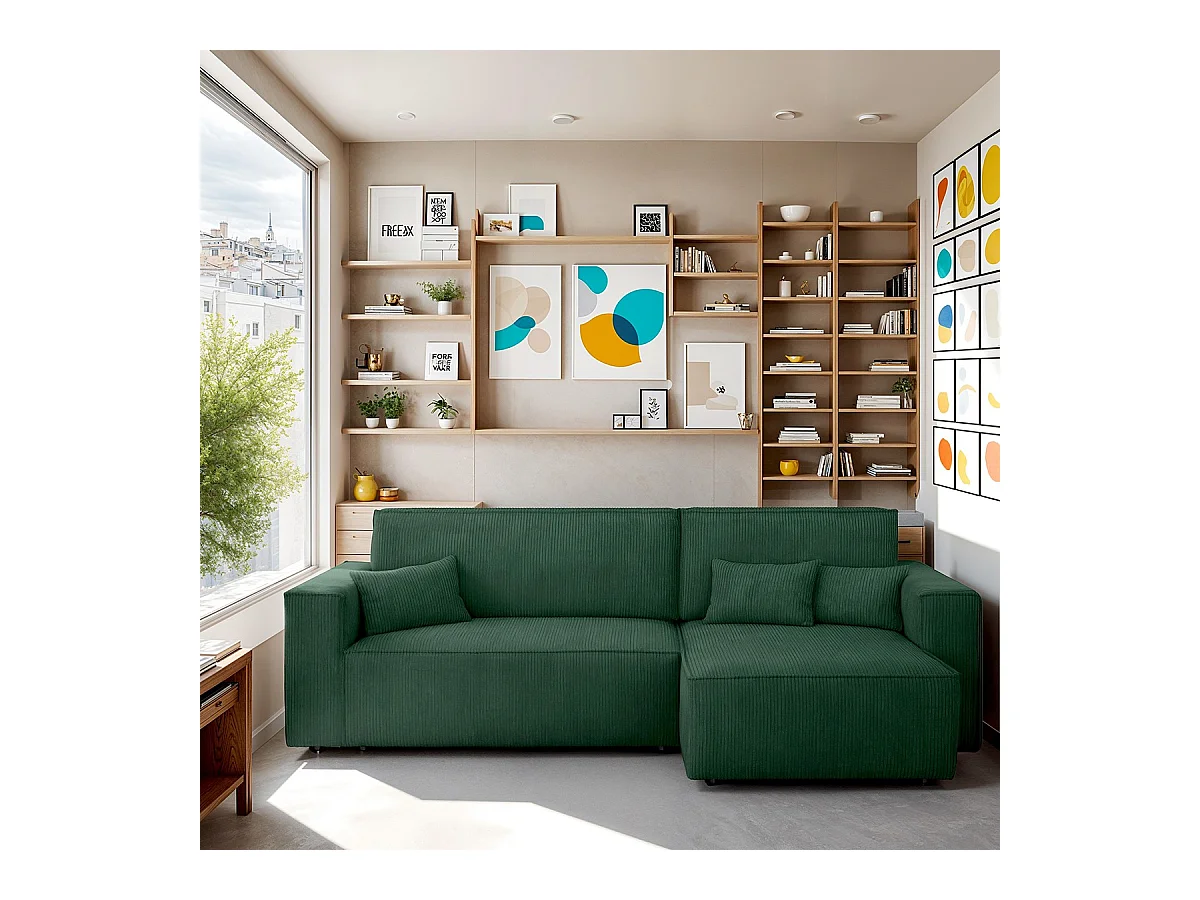 Canapé d'angle convertible réversible 4 places avec coffre de rangement en velours côtelé vert foncé - Livia