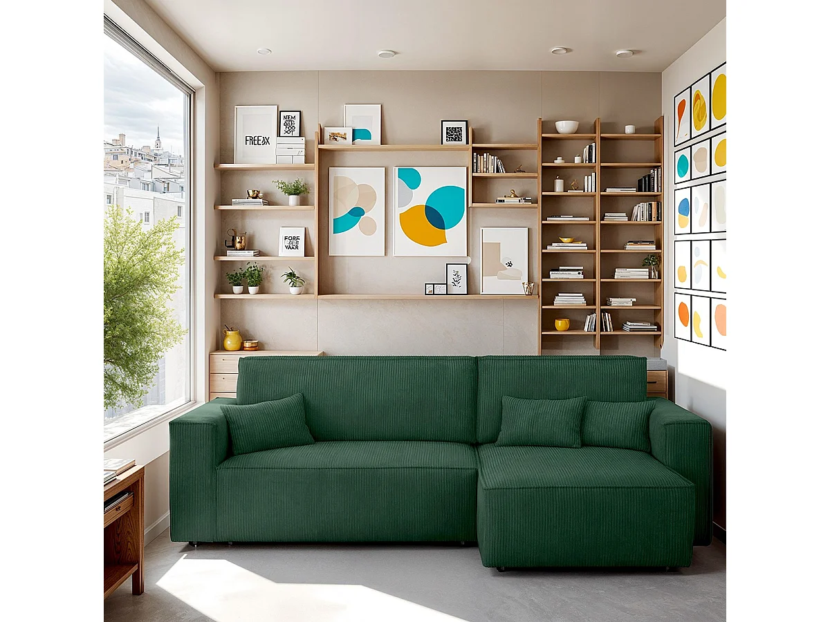 Canapé d'angle convertible réversible 4 places avec coffre de rangement en velours côtelé vert foncé - Livia
