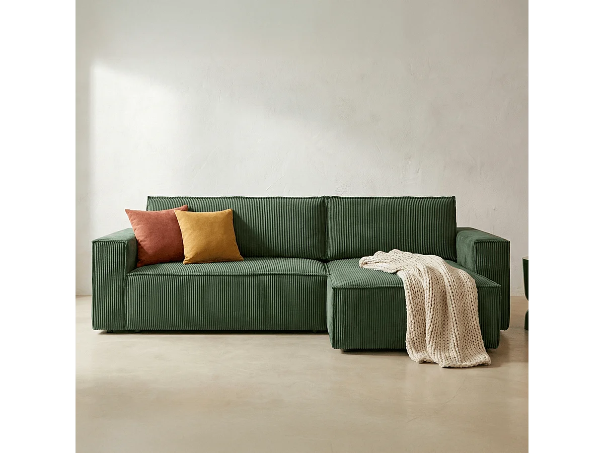 Canapé d'angle convertible réversible 4 places avec coffre de rangement en velours côtelé vert foncé - Livia