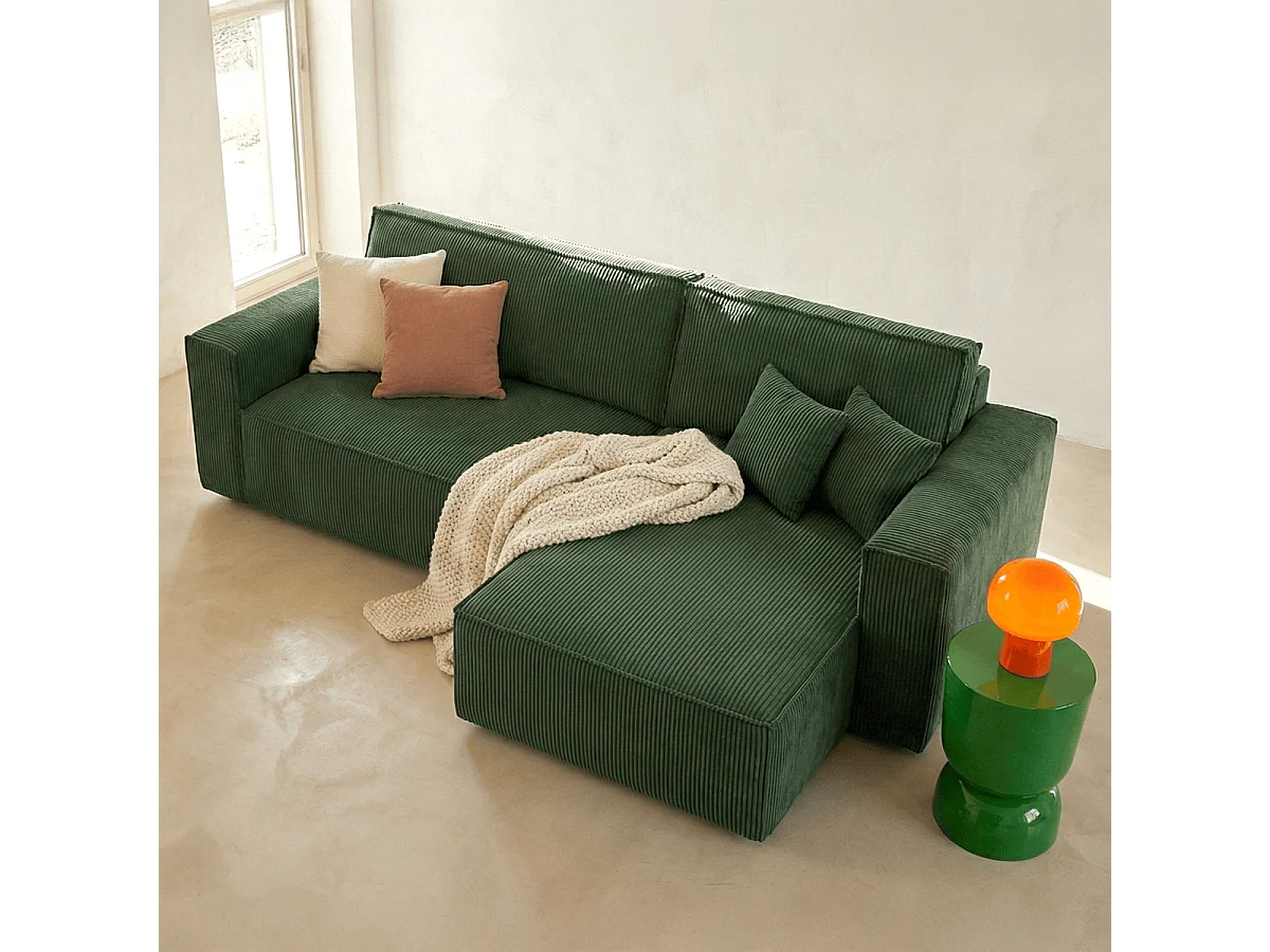 Canapé d'angle convertible réversible 4 places avec coffre de rangement en velours côtelé vert foncé - Livia
