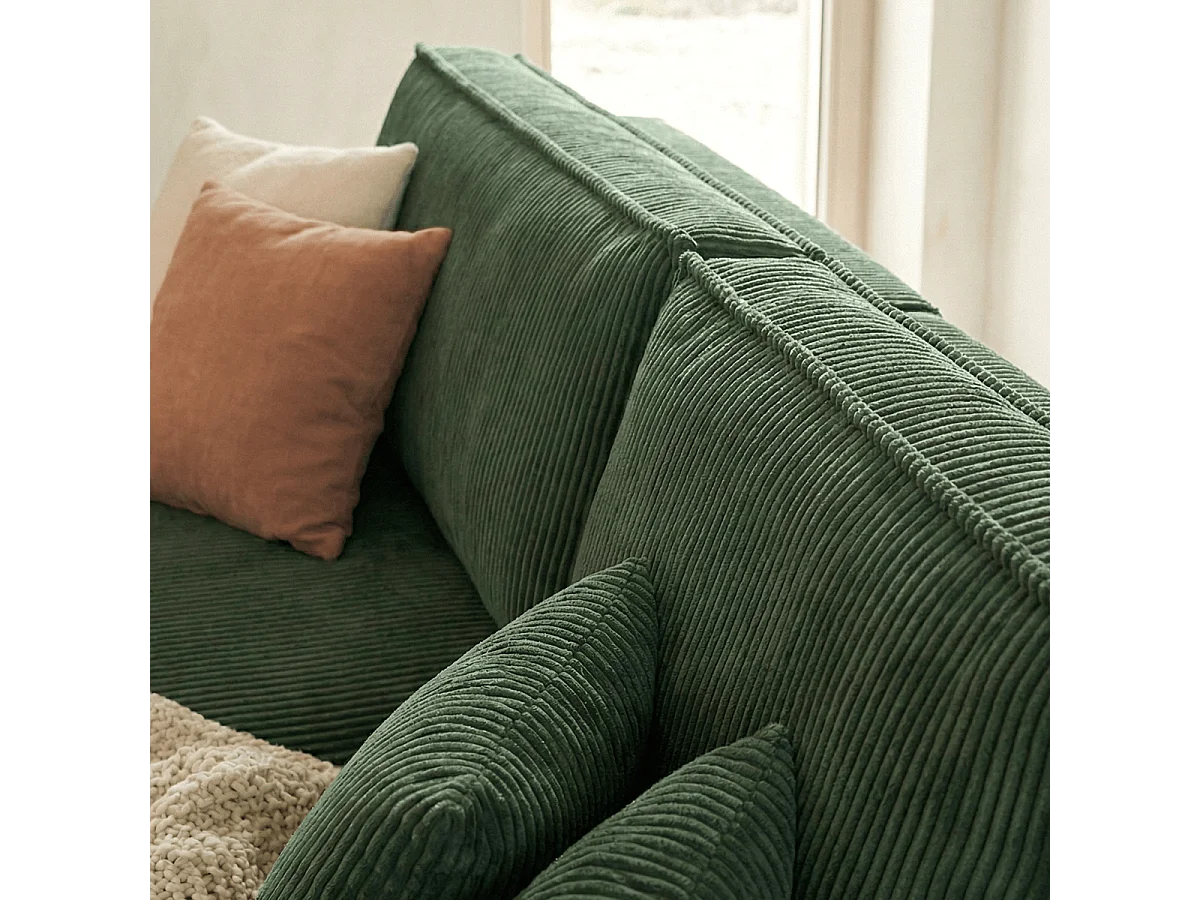 Canapé d'angle convertible réversible 4 places avec coffre de rangement en velours côtelé vert foncé - Livia