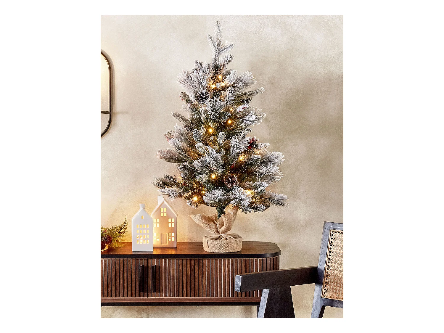 Künstlicher Weihnachtsbaum im Jutesack grün 90 cm LED Lichter gefrostet Maligne