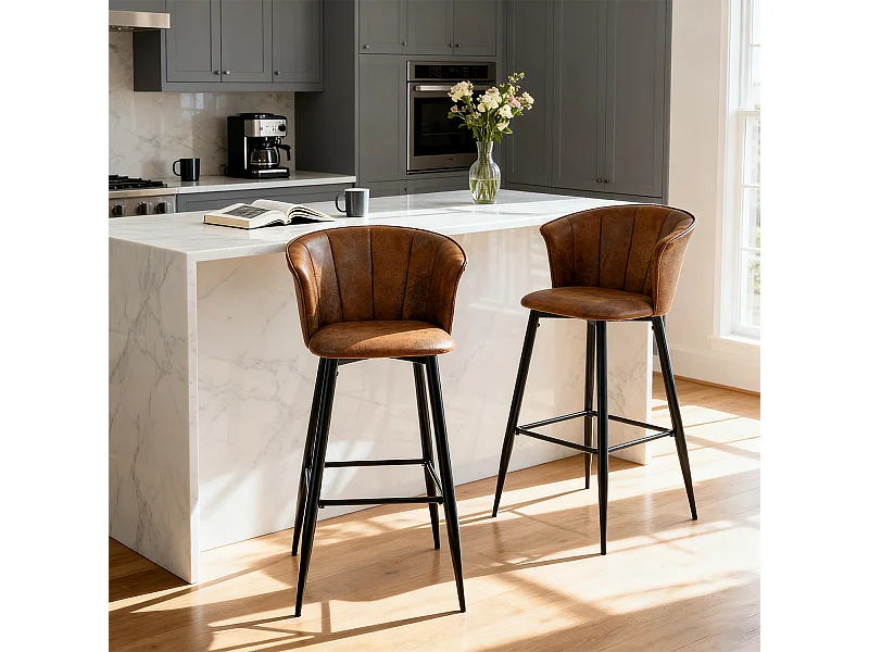 MEUBLES COSY Lot de 2 tabourets de bar chaises rembourrées en suède marron avec accoudoirs, dossier et repose-pieds, style industriel, pieds en métal noir