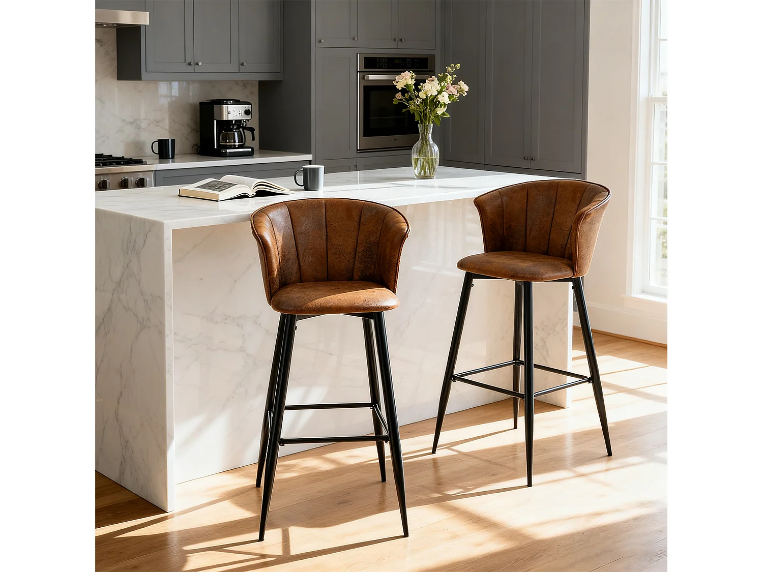 MEUBLES COSY Lot de 2 tabourets de bar chaises rembourrées en suède marron avec accoudoirs, dossier et repose-pieds, style industriel, pieds en métal noir