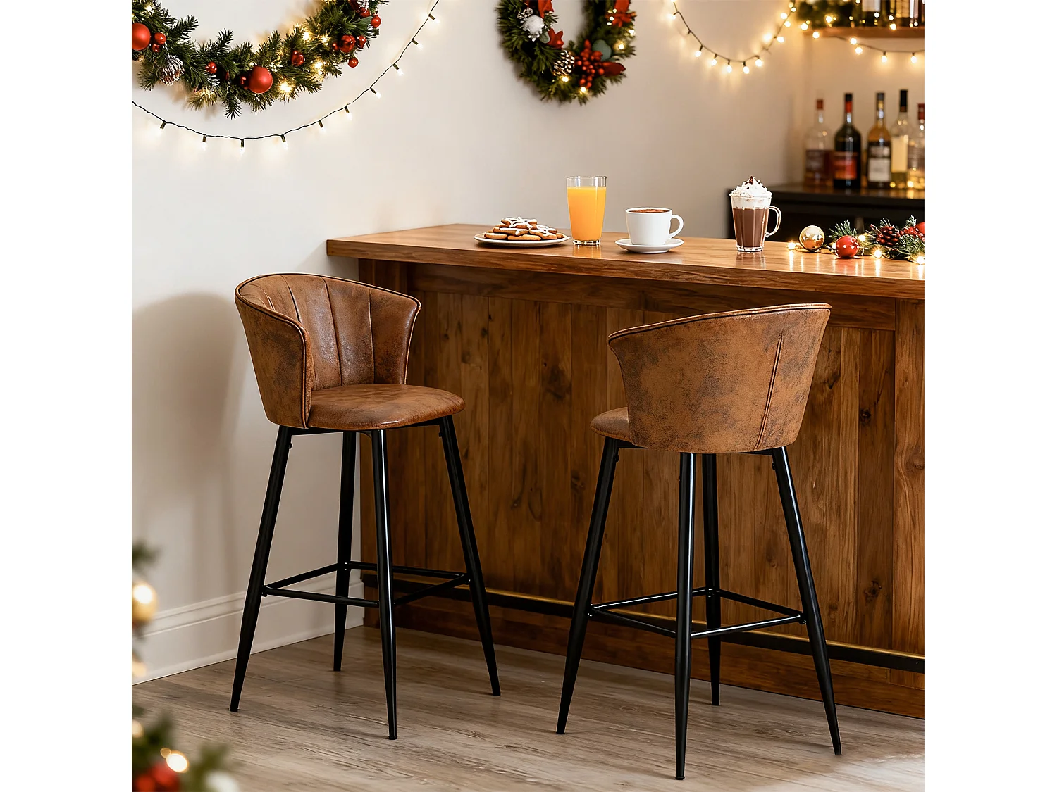 MEUBLES COSY Lot de 2 tabourets de bar chaises rembourrées en suède marron avec accoudoirs, dossier et repose-pieds, style industriel, pieds en métal noir