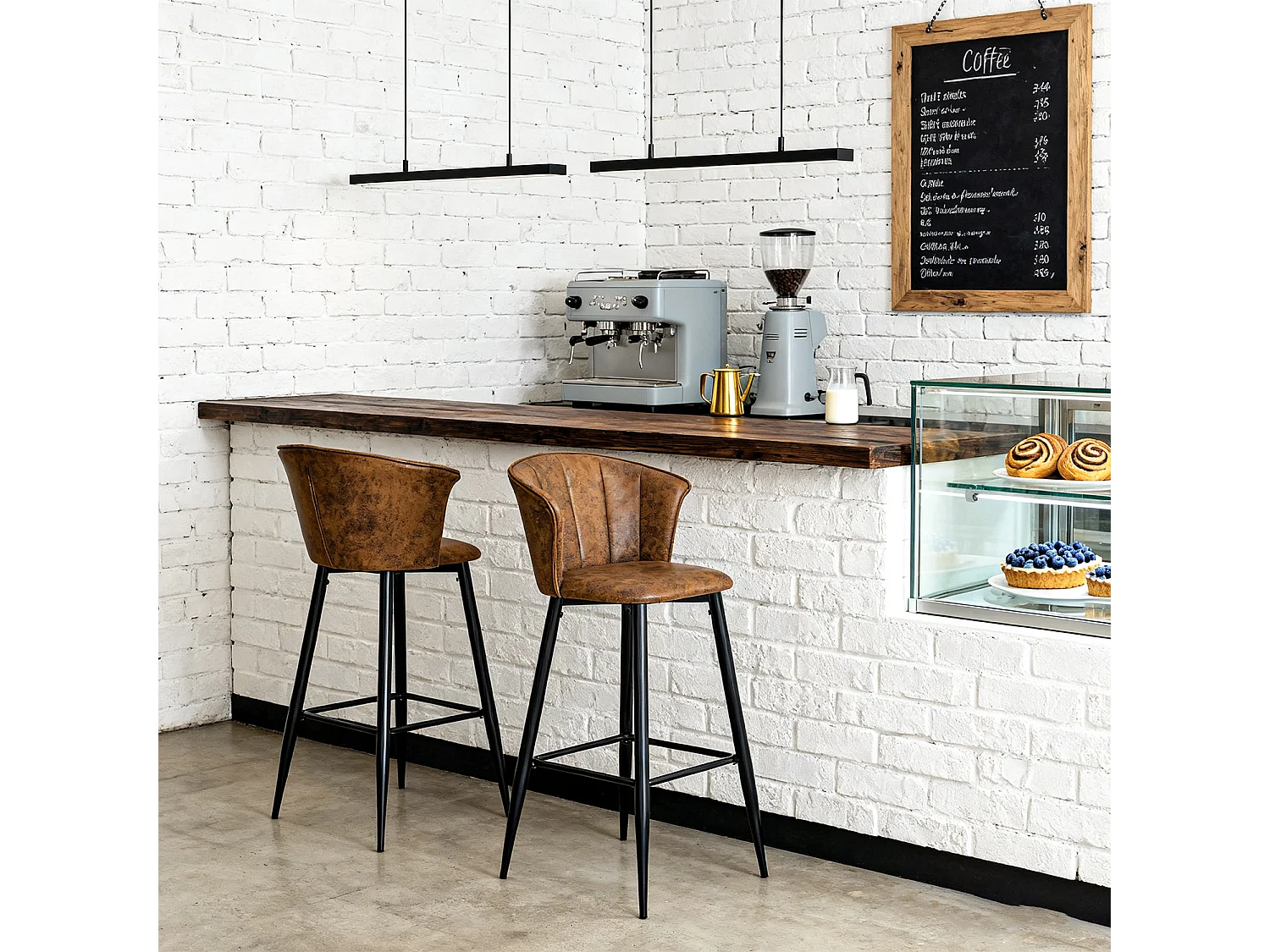 MEUBLES COSY Lot de 2 tabourets de bar chaises rembourrées en suède marron avec accoudoirs, dossier et repose-pieds, style industriel, pieds en métal noir