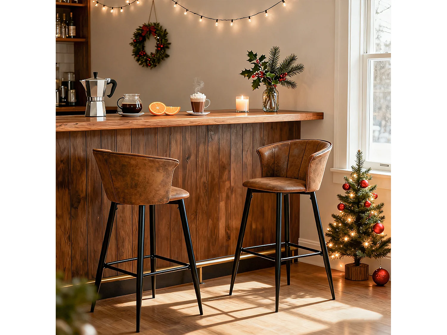 MEUBLES COSY Lot de 2 tabourets de bar chaises rembourrées en suède marron avec accoudoirs, dossier et repose-pieds, style industriel, pieds en métal noir