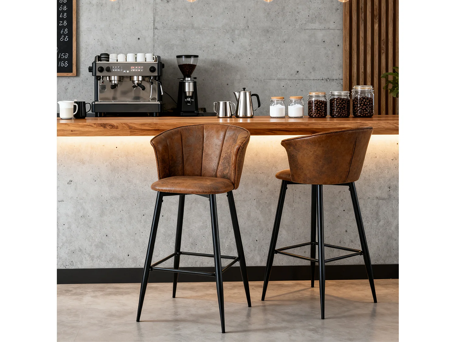 MEUBLES COSY Lot de 2 tabourets de bar chaises rembourrées en suède marron avec accoudoirs, dossier et repose-pieds, style industriel, pieds en métal noir
