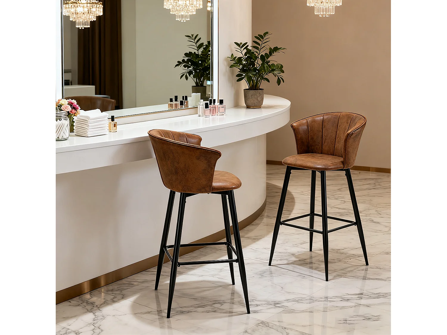 MEUBLES COSY Lot de 2 tabourets de bar chaises rembourrées en suède marron avec accoudoirs, dossier et repose-pieds, style industriel, pieds en métal noir