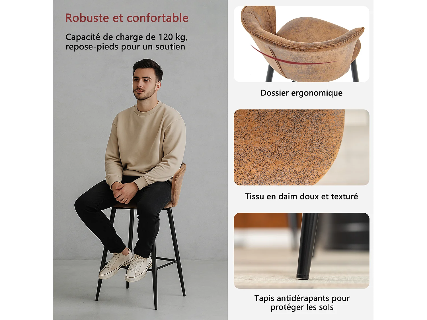 MEUBLES COSY Lot de 2 tabourets de bar chaises rembourrées en suède marron avec accoudoirs, dossier et repose-pieds, style industriel, pieds en métal noir