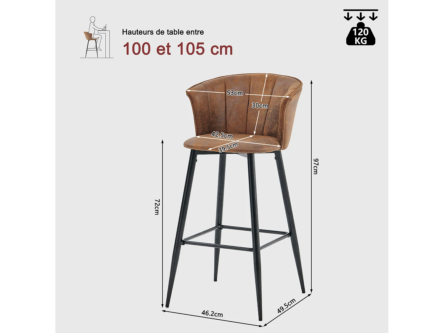 MEUBLES COSY Lot de 2 tabourets de bar chaises rembourrées en suède marron avec accoudoirs, dossier et repose-pieds, style industriel, pieds en métal noir