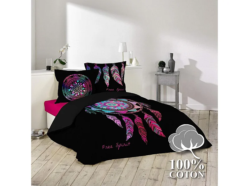 Parure de Lit 3 Pièces "Porte-Bonheur" 260x240cm Noir