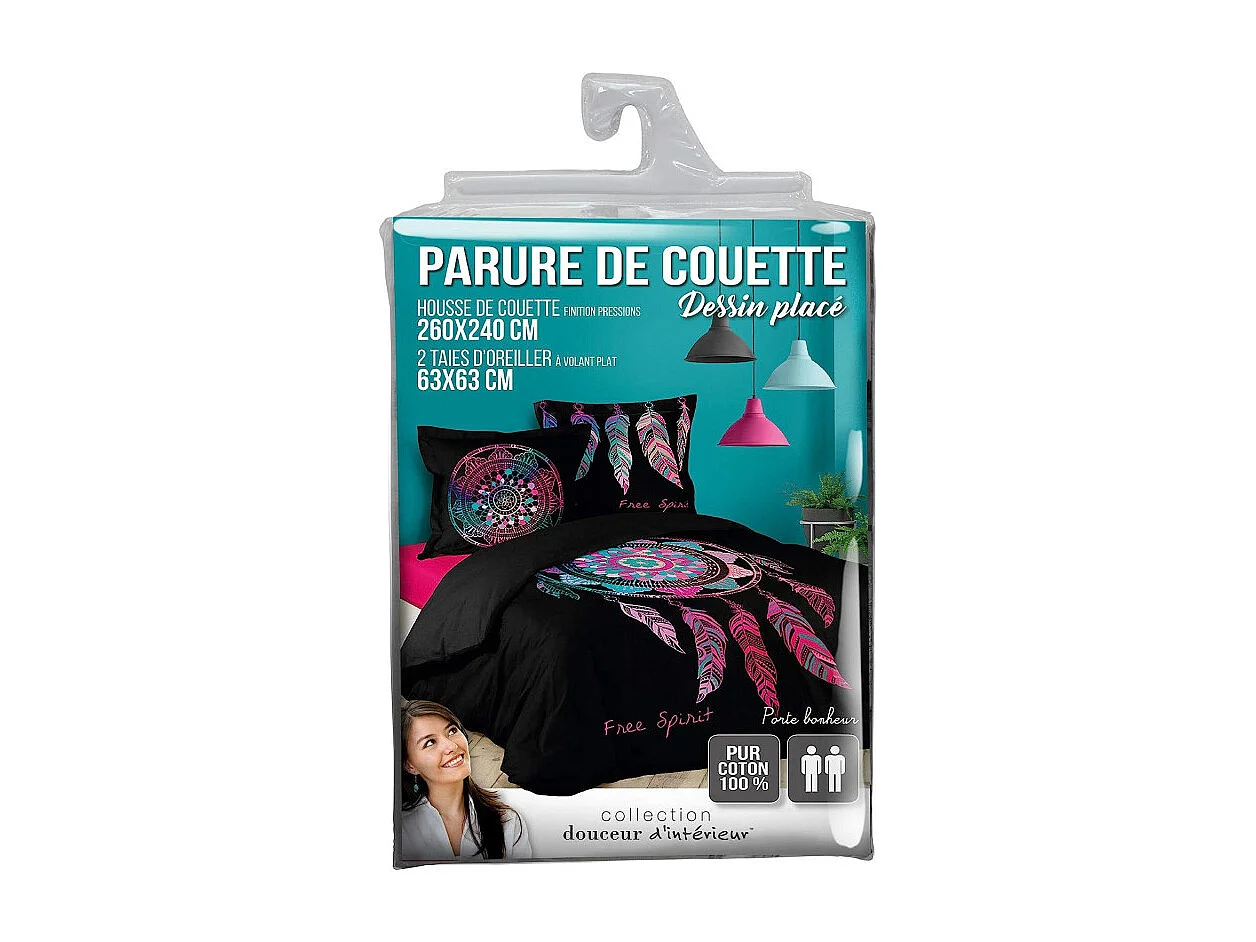 Parure de Lit 3 Pièces "Porte-Bonheur" 260x240cm Noir