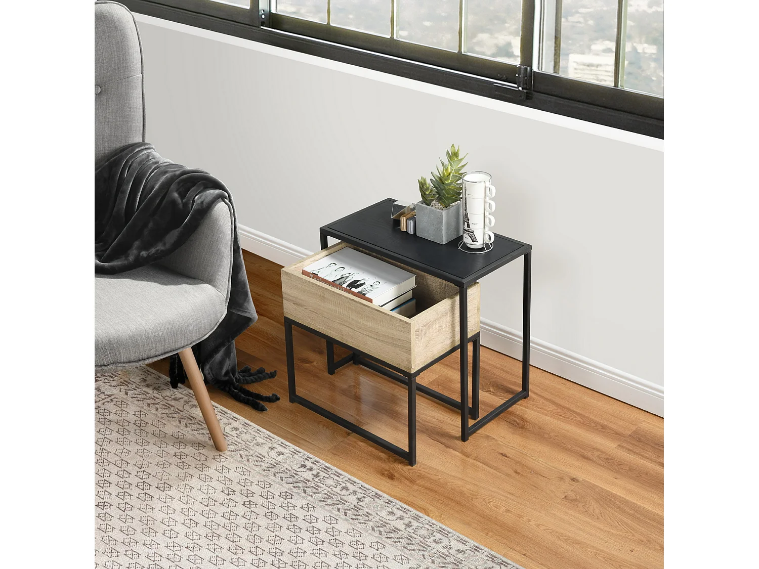 Carbonville Nid de tables 2 pièces, plateau en MDF et pieds en métal