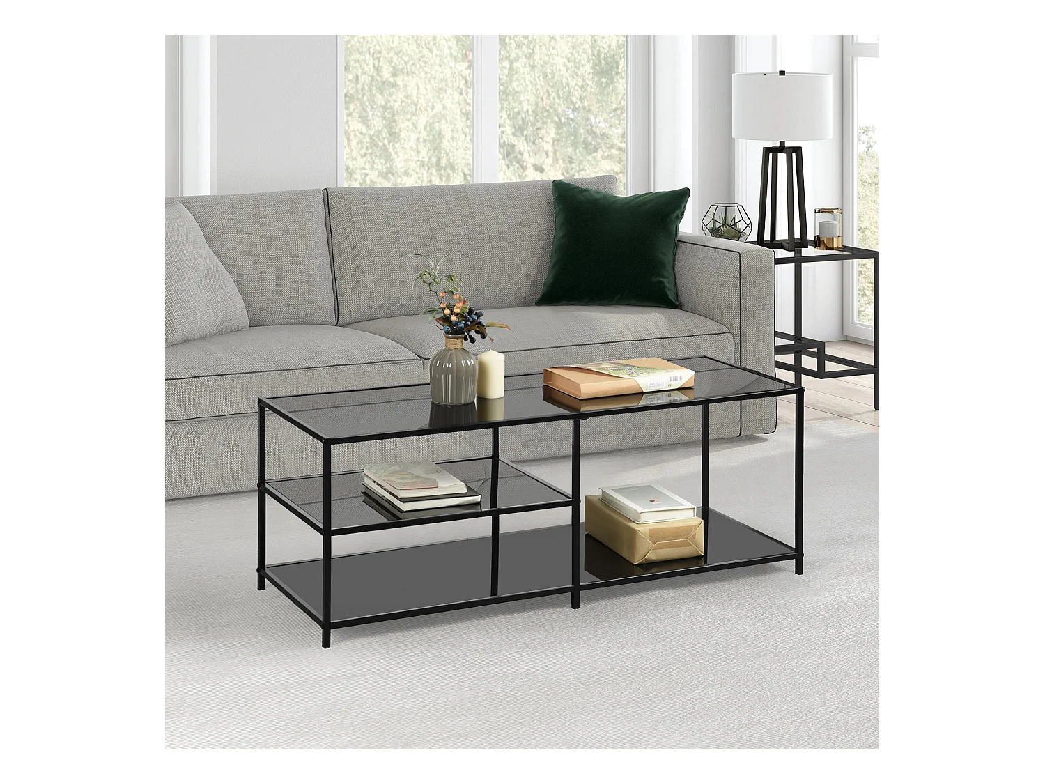 Table basse à 6 pieds avec rangement dessus en verre Style scandinave