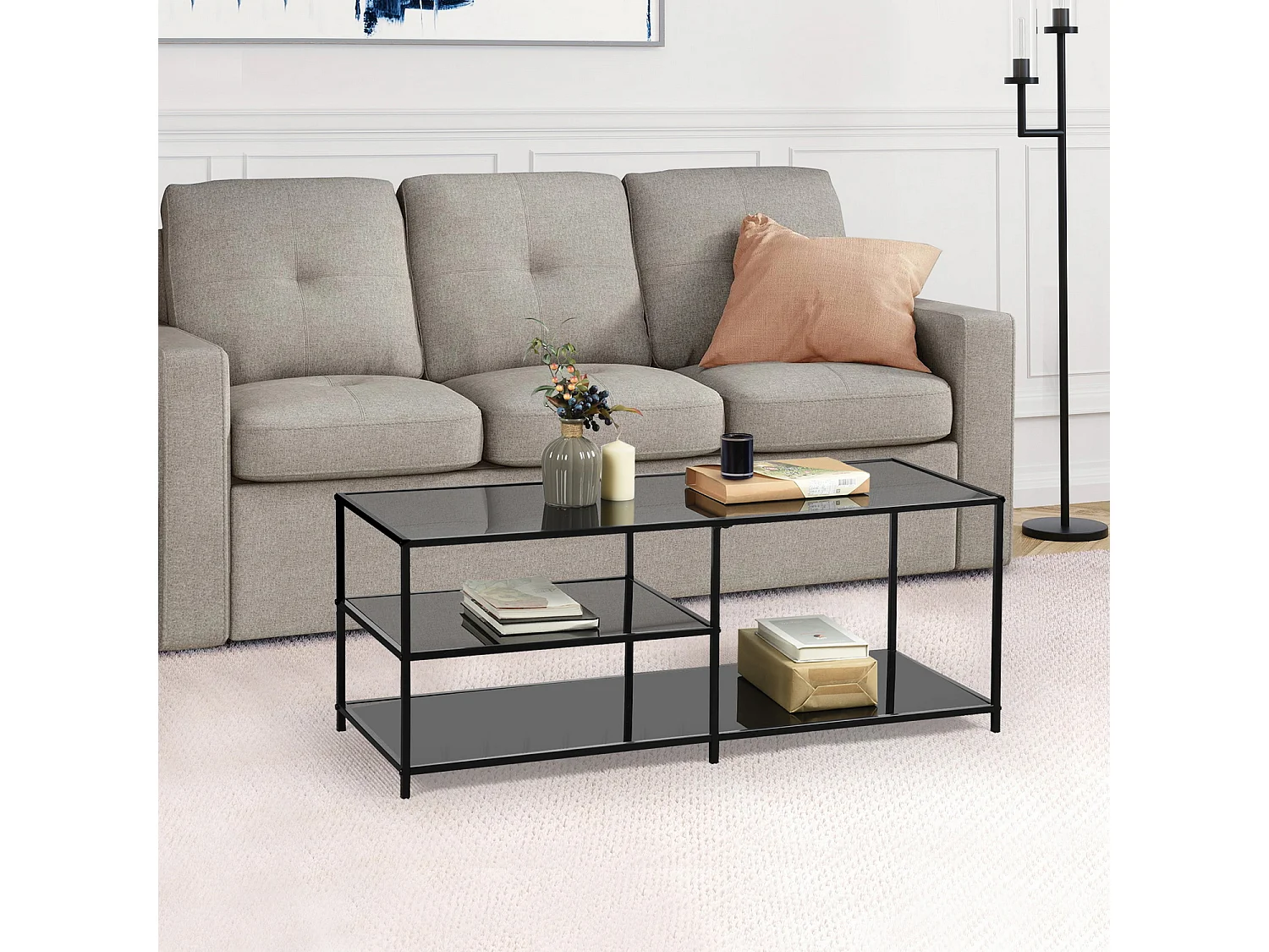 Table basse à 6 pieds avec rangement dessus en verre Style scandinave