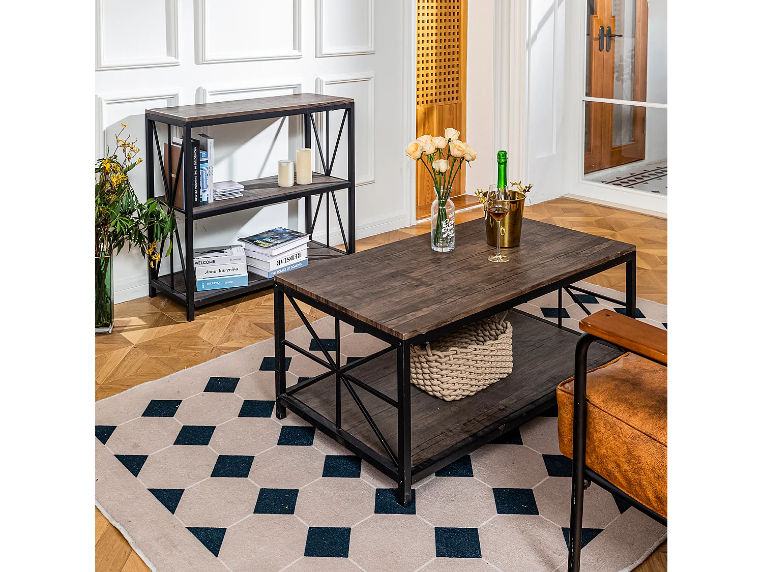 Table basse à 4 pieds avec rangement Plateau en MDF Style industriel