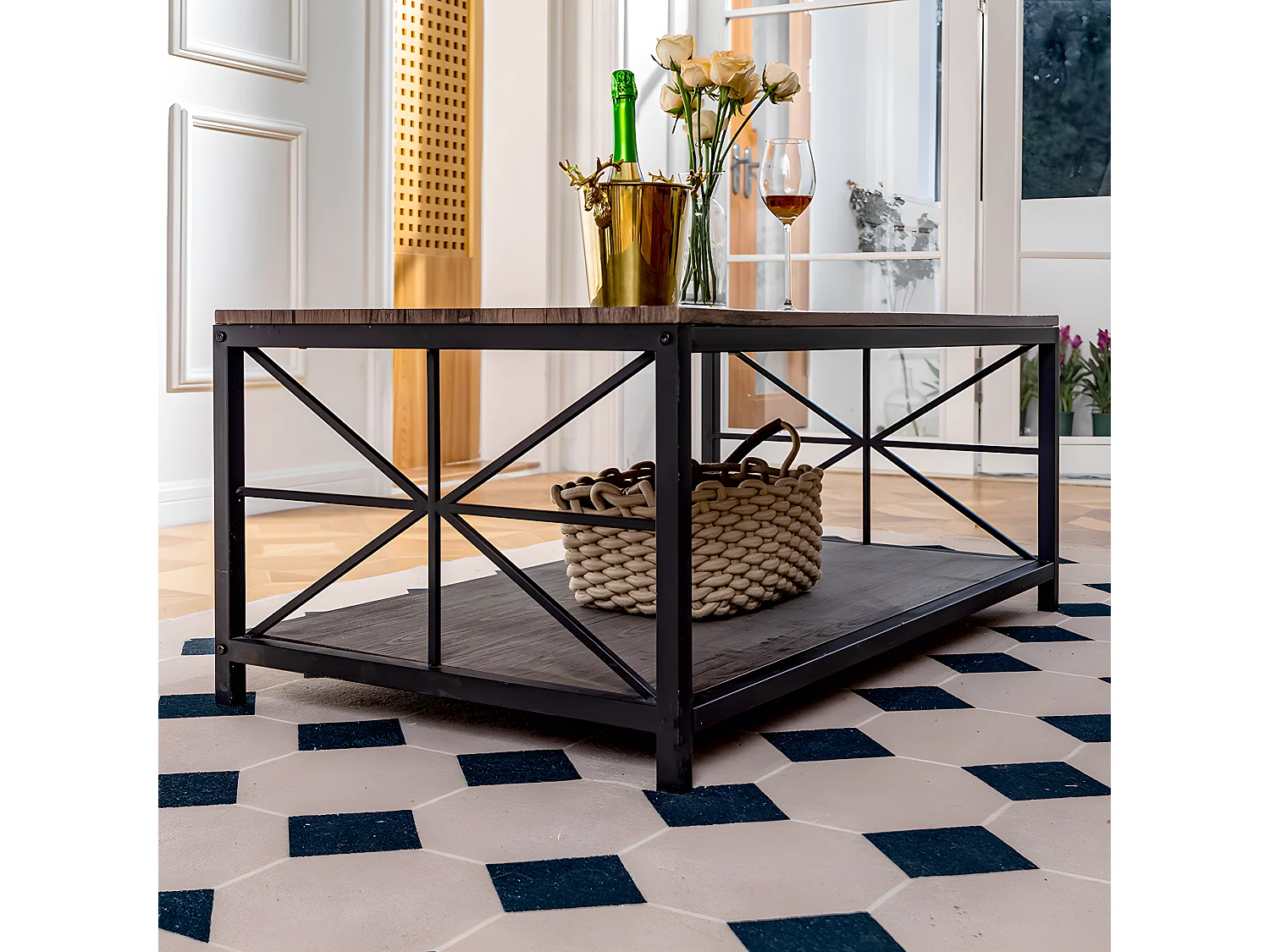 Table basse à 4 pieds avec rangement Plateau en MDF Style industriel