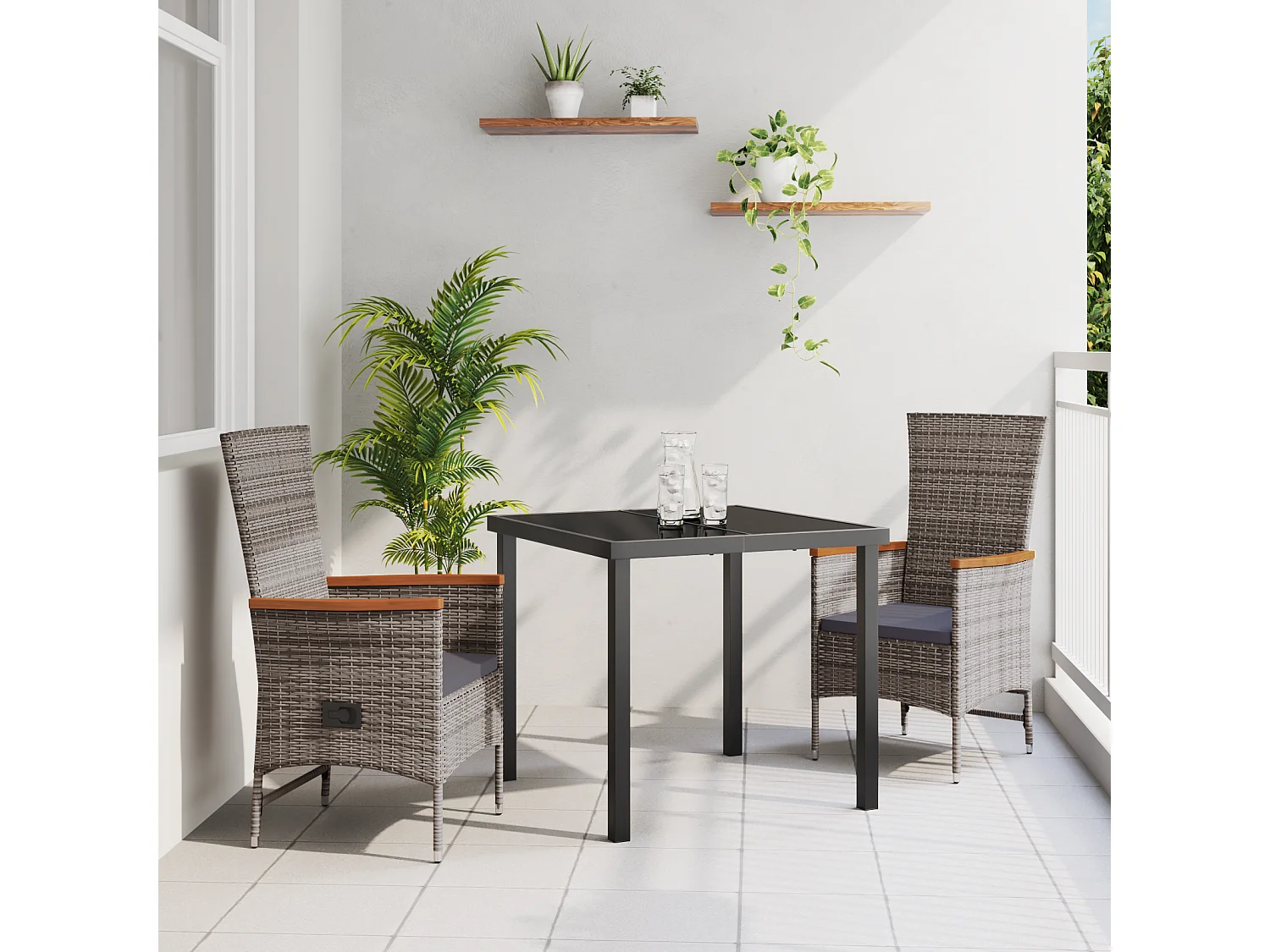 Juego de comedor de jardín de 3 piezas con cojines de ratán sintético gris