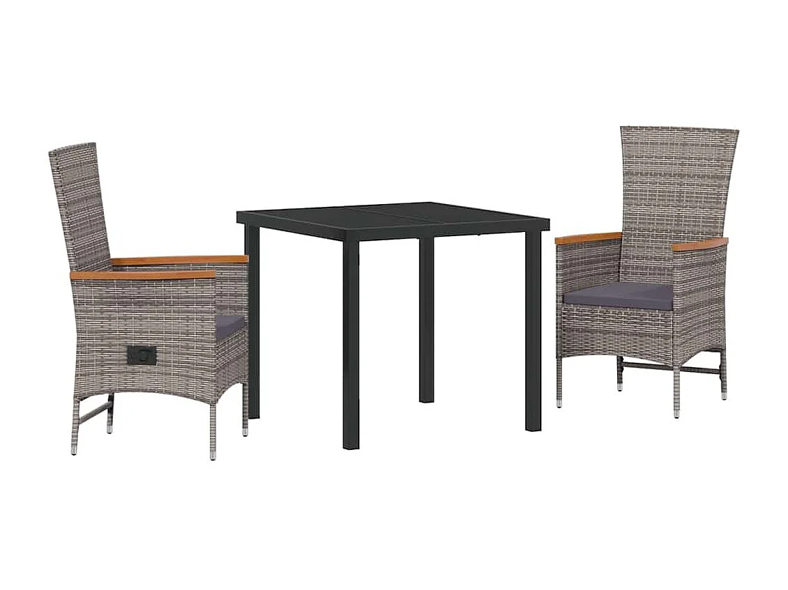 Juego de comedor de jardín de 3 piezas con cojines de ratán sintético gris