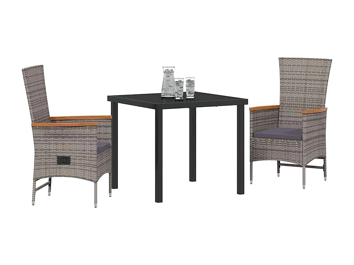 Juego de comedor de jardín de 3 piezas con cojines de ratán sintético gris