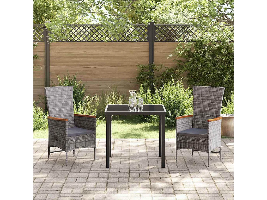 Juego de comedor de jardín de 3 piezas con cojines de ratán sintético gris