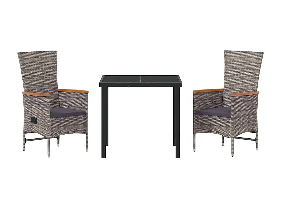 Juego de comedor de jardín de 3 piezas con cojines de ratán sintético gris