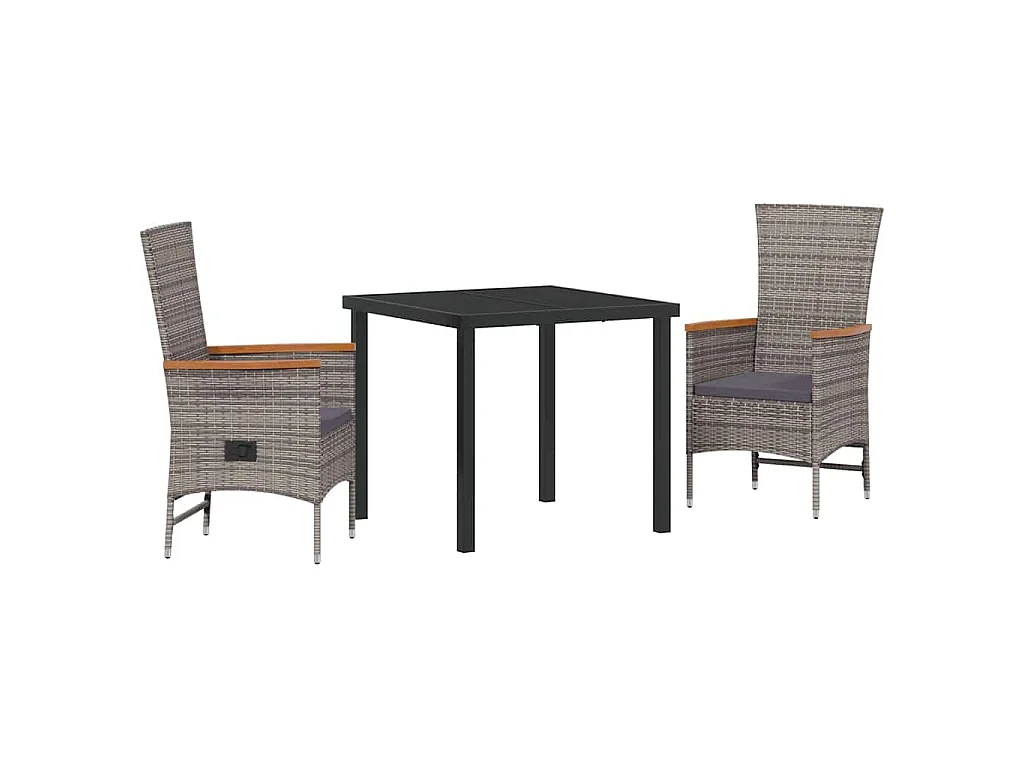 Ensemble de salle à manger de jardin 3 pièces avec coussins en rattan poly gris