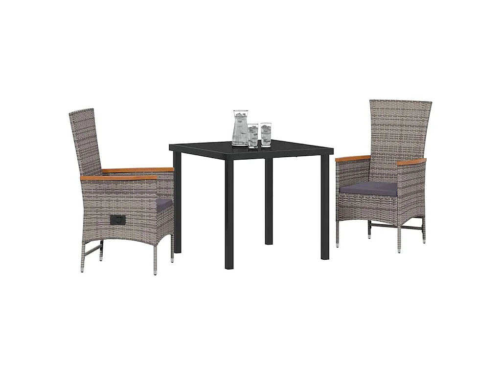 Ensemble de salle à manger de jardin 3 pièces avec coussins en rattan poly gris