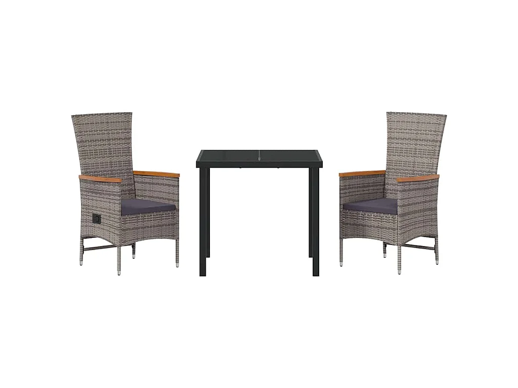 Ensemble de salle à manger de jardin 3 pièces avec coussins en rattan poly gris