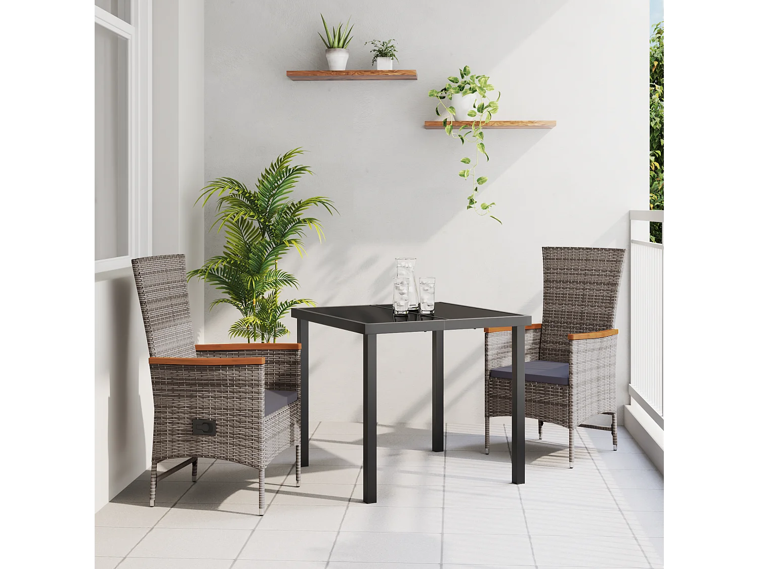 3-teiliges Garten-Essset mit grauen Polyrattan-Kissen