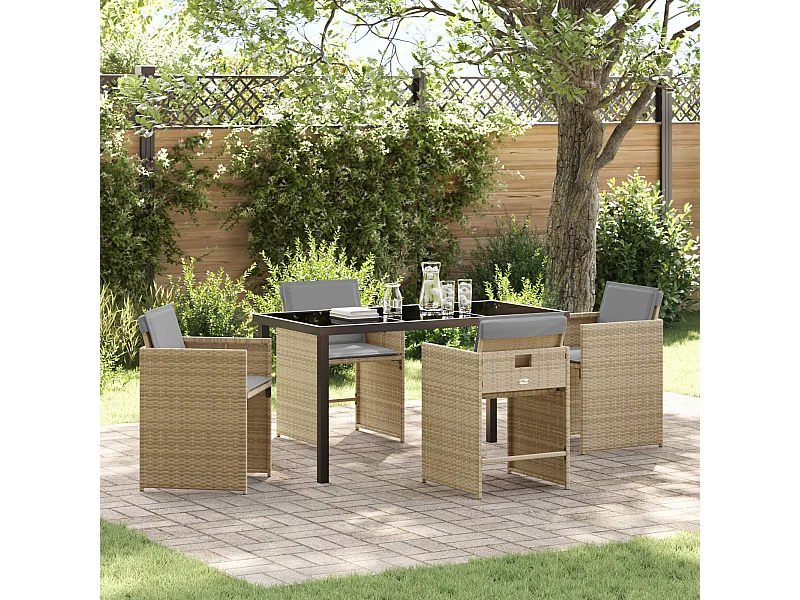 Ensemble de Salle à Manger de Jardin 5 pièces avec Coussins Beige Poly Rattan
