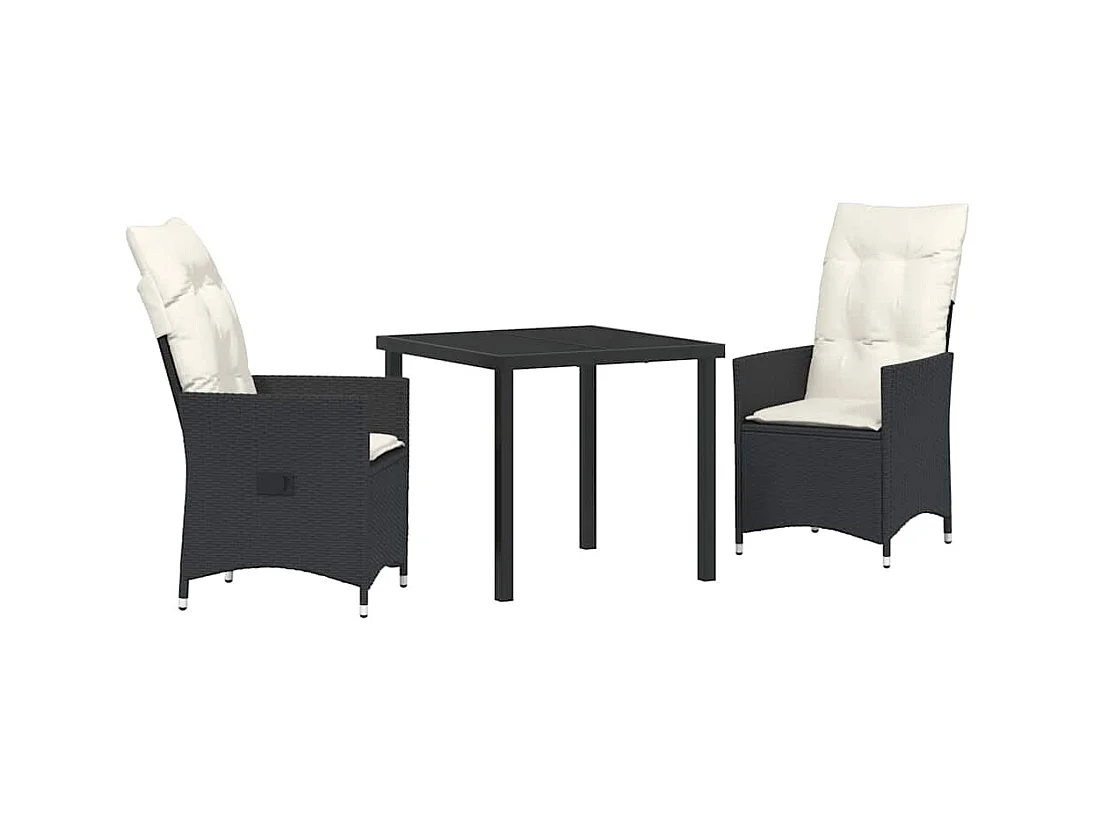 Set da pranzo da giardino 3 pezzi con cuscini in polyrattan nero