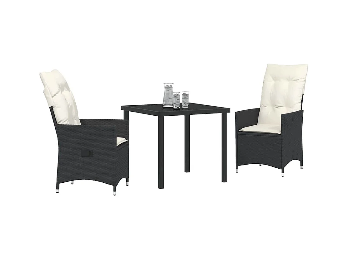 Set da pranzo da giardino 3 pezzi con cuscini in polyrattan nero