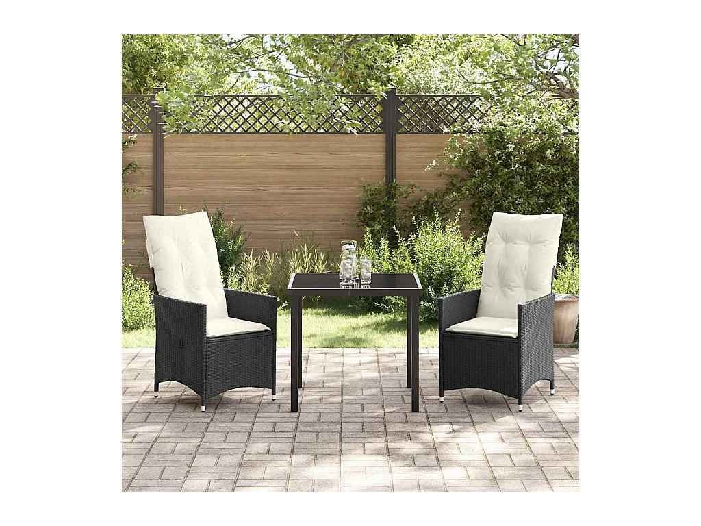 Set da pranzo da giardino 3 pezzi con cuscini in polyrattan nero