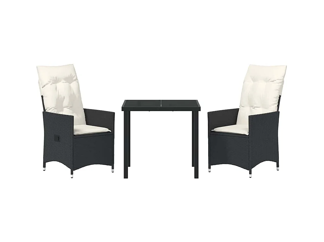 Set da pranzo da giardino 3 pezzi con cuscini in polyrattan nero