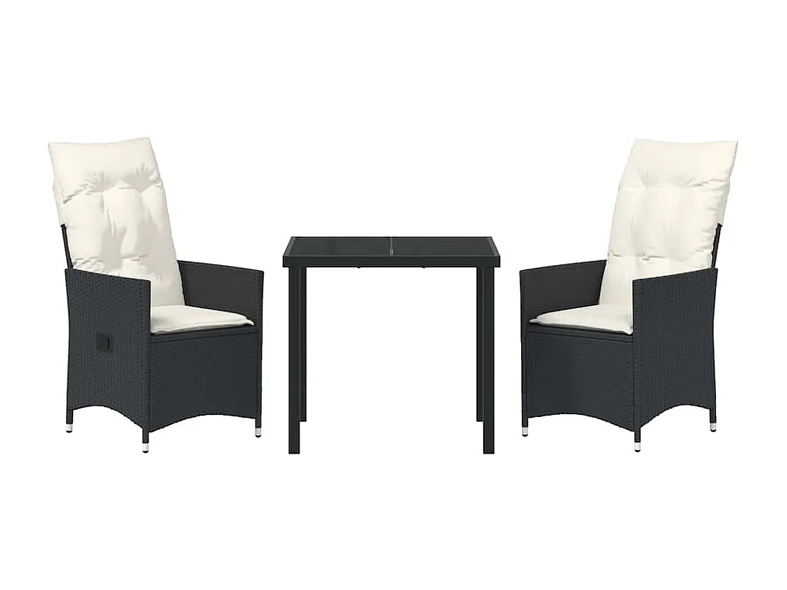 Set da pranzo da giardino 3 pezzi con cuscini in polyrattan nero