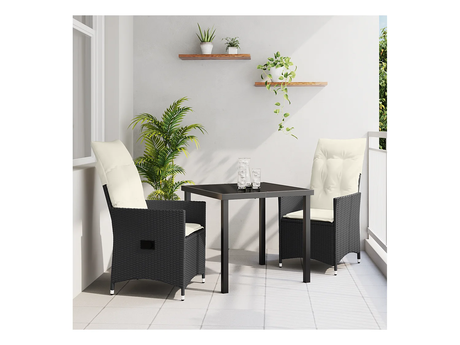 3-teiliges Garten-Essset mit Kissen aus schwarzem Polyrattan