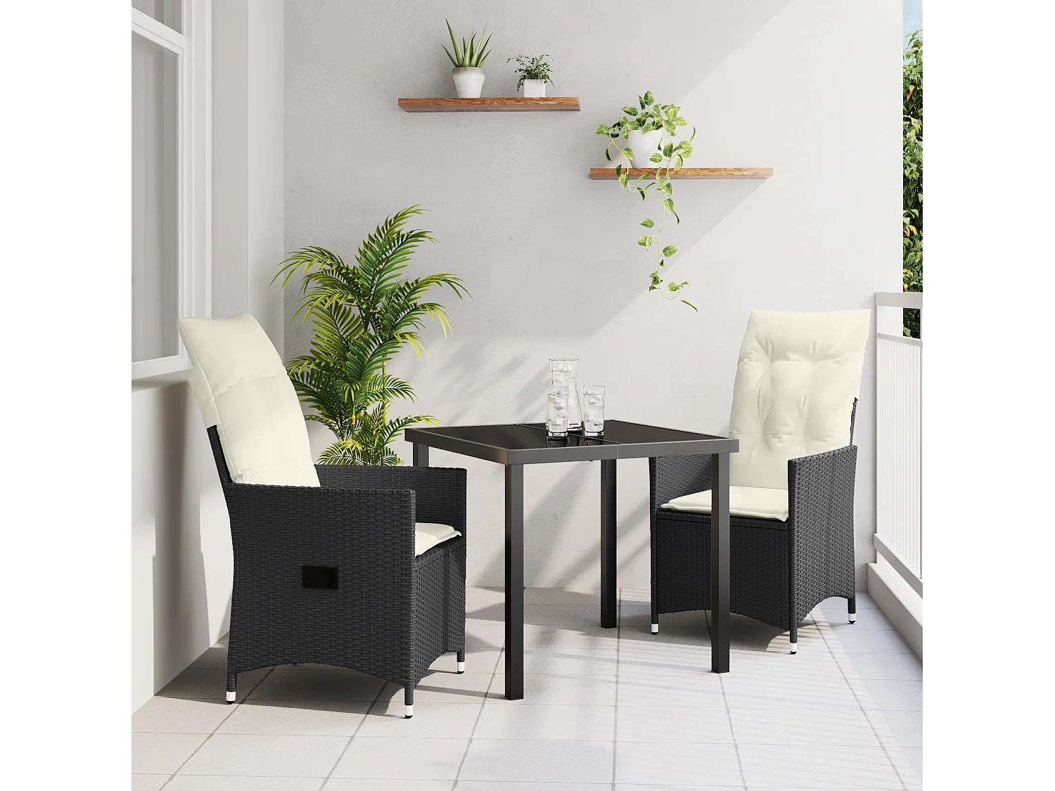Ensemble de salle à manger de jardin 3 pièces avec coussins en poly rotin noir